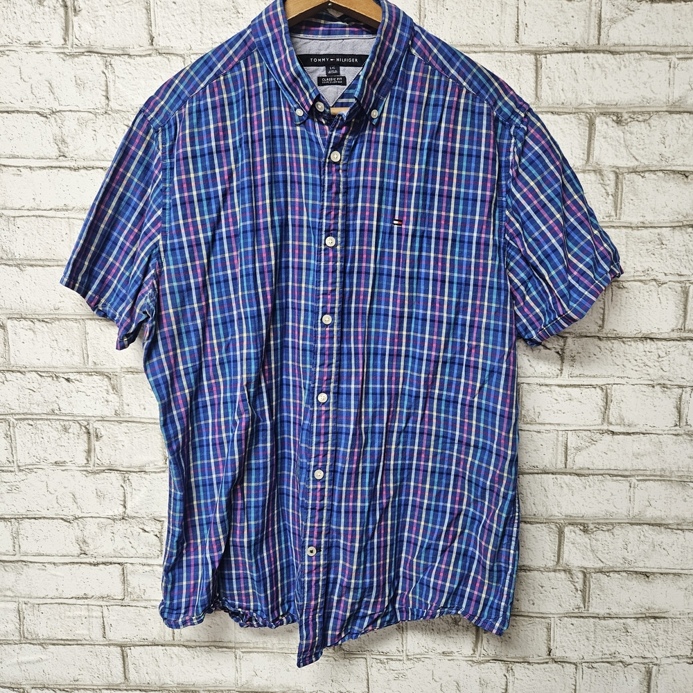 Tommy Hilfiger Men's Short Sleeve Button Down Shirt Sz L Classic Fit Blue Plaid
